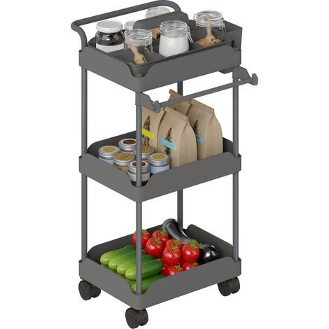 Carrello utility a 3 livelli, carrello da cucina con cesti rimovibili e portasciugamani, grigio (1/5)