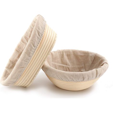 Juego de cestas de pan fermentadas hechas a mano con ratán natural de Indonesia (2 piezas, forro de lino, 1 ovalada + 1 redonda). (1/5)
