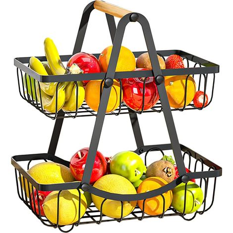 Cesta/Estantería de frutas de 2 niveles, frutero de metal, negro con asa de madera, frutero moderno de 2 niveles para frutas, verduras, aperitivos, pan, cocina, estante de esquina (1/5)