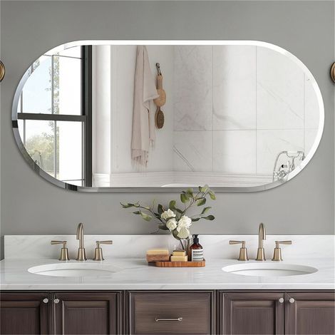LUVODI Miroir Mural Salon Design Oval - 10050cm Miroir Simple Salle de Bain en Verre Biseauté HD Sans Cadre Miroirs Muraux Décoratif Grand Miroir Suspendu d'Entrée Modern Argenté Chambre (1/5)