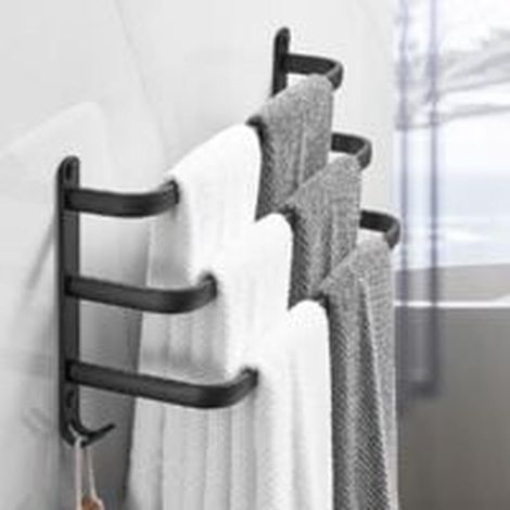 Porte-serviettes mural noir à 3 niveaux, 80 cm de large, en aluminium avec crochets pour salle de bain et cuisine (1/3)