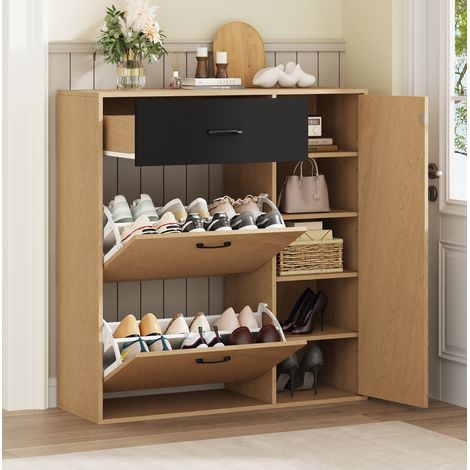 Mueble zapatero 100x35x106 cm para entrada con 1 cajón, 2 puertas abatibles y 1 puerta, MDF natural y negro (1/5)