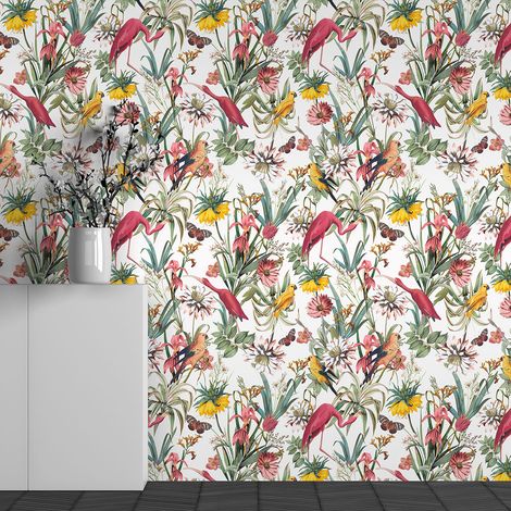 Papier peint panoramique - Motif Fleurs Flamants Roses - 130 cm x 81 cm (1/3)