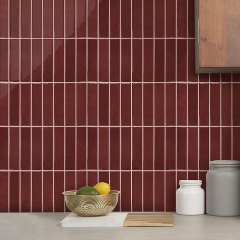 Crédence Adhésive Pour Cuisine Rouge foncé, 10 Pièces, Carrelage Adhesif Mural Salle de Bain, Vinyle 3D Métro Autocollant Carrelage Adhesif, imperméable, 30,5x30,5cm, Ligne droite verticale (1/5)