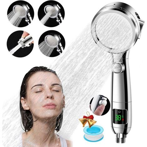 Pommeau de douche haute pression avec affichage de la température, 4 types de jets avec arrêt d'eau (douche à main haute pressio (1/5)