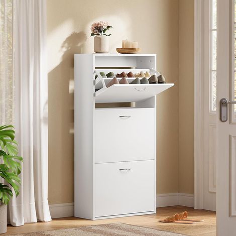 Woltu – Meuble à chaussures étroit 58x23x118cm – Capacité 14-18 paires – Panneaux de particules E1 – 3 abattants blanc moderne (1/5)