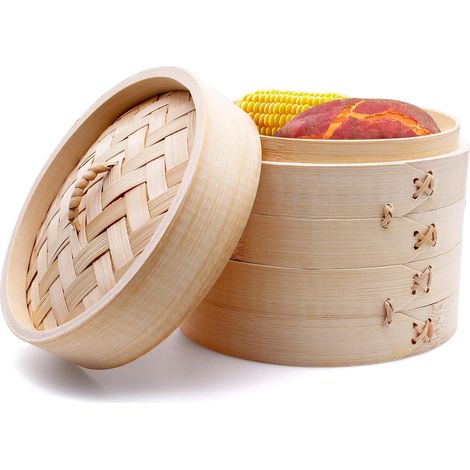 Cuiseur vapeur en bambou - 2 étages - Avec couvercle - 21 cm - Panier vapeur en bambou avec 2 tapis de cuisson vapeur en silicone - Pour boulettes, riz, dim sum, légumes, viande - (L) (1/5)