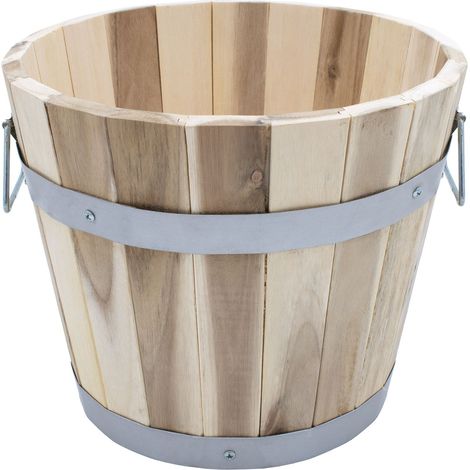 Spetebo – Seau à plantes en bois naturel avec poignées – 28 x 23 cm – Pot décoratif pour intérieur et extérieur – Trou de drainage pour éviter stagnation