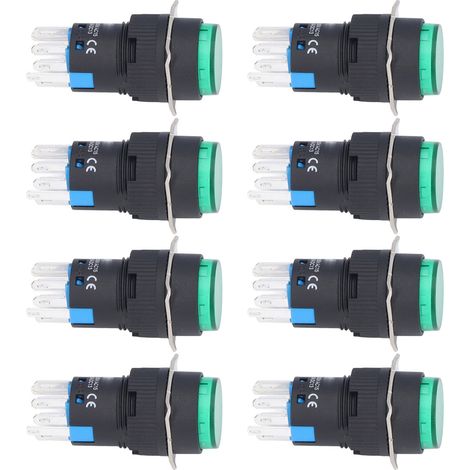 25 Interrupteurs Momentanés et Verrouillables 16mm Ronds Lumineux 12V 8 Broches pour Tableau de Commande Vert (1/5)