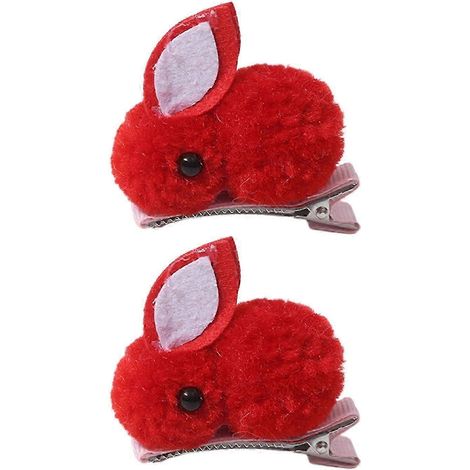 paire de pinces à cheveux lapin en peluche d'hiver, couleurs vives, forme créative, adorables et mignonnes-Red (1/5)