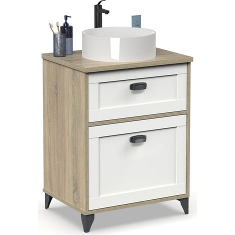Meuble de salle de bain sous-vasque coloris Blanc/chêne cambrien (lavabo non inclus) - Longueur 61 x Profondeur 47 x Hauteur 80 cm (1/5)