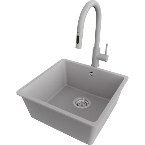 PRIMAGRAN Evier Cuisine en Granit 46x44cm,Lavabo 1 bac + Robinet 40x20cm + Kit de Vidage, Évier à Encastrer au meuble 50cm - Venise Slim Easy, Gris (1/5)