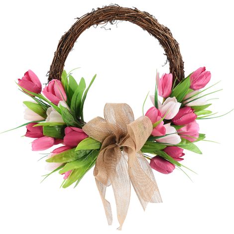 Corona de tulipanes artificiales [Corona de flores] [Material: Ratán y seda] [Diámetro: 40 cm] [Colores: Surtidos, rosa, blanco] [Para puerta, pared, mesa] (1/5)