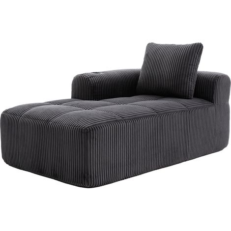 Sofá chaise longue individual de corduroy gris oscuro sin montaje con bolsillo lateral y portavasos (1/5)