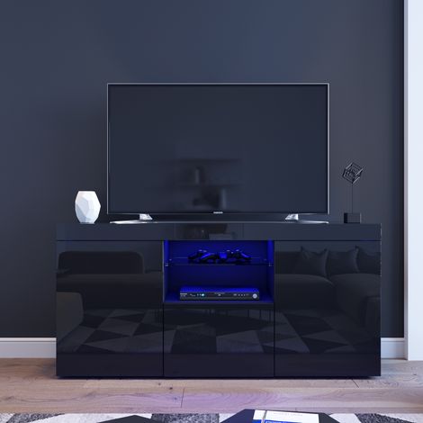 ELEGANT Modern High Gloss TV Stand Cabinet with LED Light Living Room Bedroom Furniture Television Unit TV Cabinet for Media Storage 1350mm Black TV cabinet