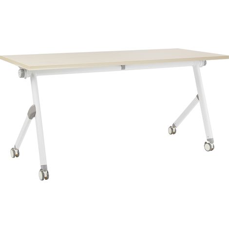 Escritorio rectangular moderno plegable con ruedas mesa móvil portátil estructura metálica 160 x 60 cm madera clara y blanco Bendi
