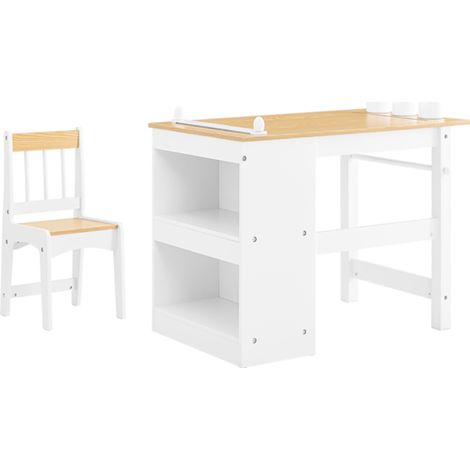 SoBuy Kinder-Tisch mit Stuhl-Set 2-teilig, Kinder-Tisch und Stuhl, Kinder-Schreibtisch mit 2 Ablagen, Papiertasche und Stifteinlagen, Weiß-Natur 80x50x66 KMB60-WN