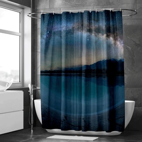 Rideau de douche motif forêt et lac aquarelle, tissu salle de bain imperméable, 90x180 cm (1/5)