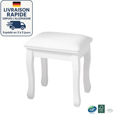 Tabouret Coiffeuse - Tabouret de maquillage en coton hautement élastique - siège de piano de style baroque - pieds en bois massif - 43x33x45 cm - blanc - A (1/4)