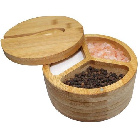 BelleRise - Boîte à sel et poivre en bambou, salière et poivrière à trois compartiments, récipient à épices et condiments pour plans de travail. (1/5)