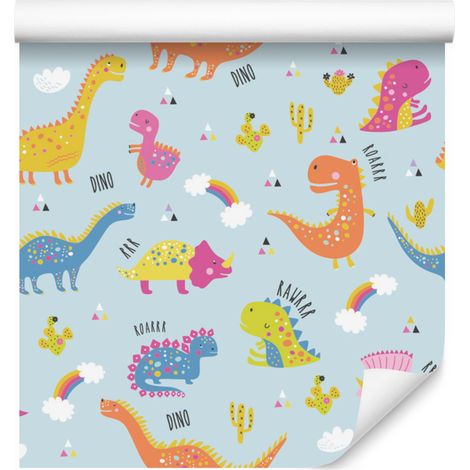 Papier peint dinosaures, cactus et arcs-en-ciel colorés pour salon et chambre 50x1000 cm (1/5)