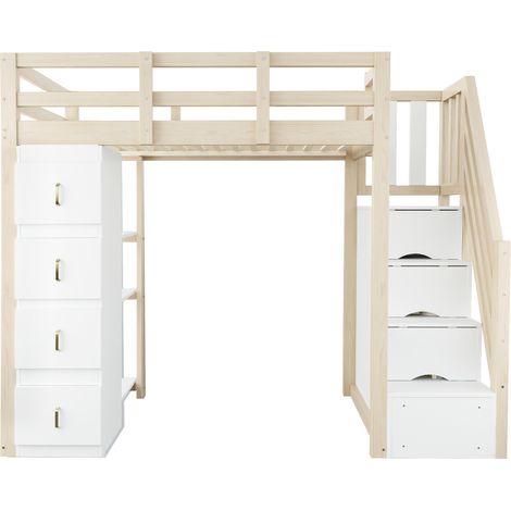 Cama alta 90 x 200 cm de madera natural con 4 cajones y estante, escalera segura (1/5)
