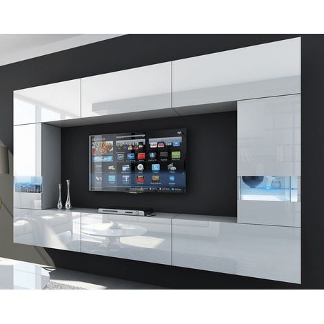 Viva – Ensemble meuble TV 273 cm – Façade MDF laqué blanc brillant – Système push-to-open – Lumières LED incluses
