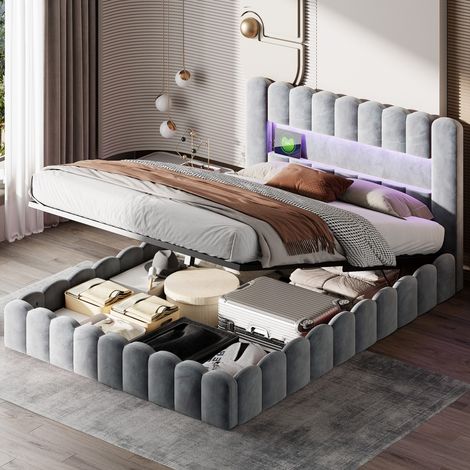 Cama de almacenamiento 180x200 cm con iluminación LED - puerto USB - sistema de almacenamiento hidráulico - tela de terciopelo - somier de lamas y cabecero en forma de tronco - Gris