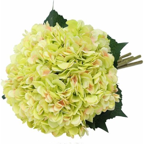 Fleur d'hydrangea artificielle de 5 PCS simples longues soie tige 6,3 pouces tête Hortensia Bouquets pour le mariage, la maison, hôtel, décoration de fête, arrangement floral (Vert) (1/5)