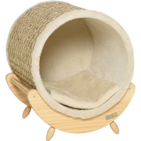 Tapis,coussin et matelas pour chien-Grotte avec plateau-En pin naturel et flanelle-Matelas à griffer-Kaki et beige-41x38x43cm (1/5)