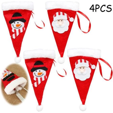Weihnachtliches Besteckhalter-Set – Weihnachtsmannmütze – 4 Stück – Rot und Weiß – Vliesstoff