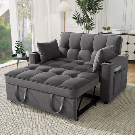 Divano letto 137x163x83 cm grigio in velluto con funzione letto, portabicchieri, tasche laterali e cuscini (1/5)