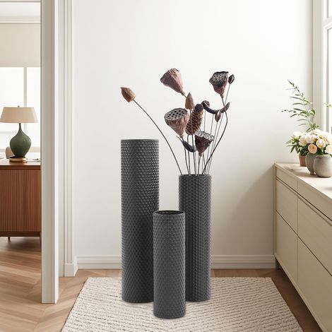 Bodenvase Set 3er, Moderne Metallvase 3er-Set, 70/55/40 cm, Metall Blumenvasen mit Waben Textur, Große Dekorative Vase für Eingang, Wohnzimmer, Esszimmer, Schwarz (1/5)