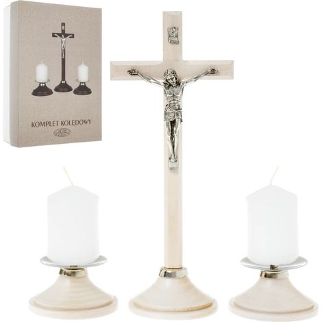Villancico de madera beige con cruz y candelabros en caja de 22 cm