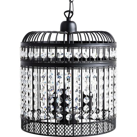 Lampadario a Gabbia in Metallo Nero a 3 Luci con Cristalli a Cascata Celon (1/5)
