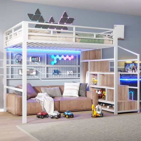 Lit mezzanine 140 x 200 cm blanc, structure métal avec rangements: armoire, échelle tiroirs, barre suspension, led 7 couleurs. (1/5)