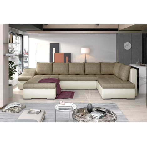 Canapé panoramique GYOVANI beige et blanc angle gauche convertible avec têtières