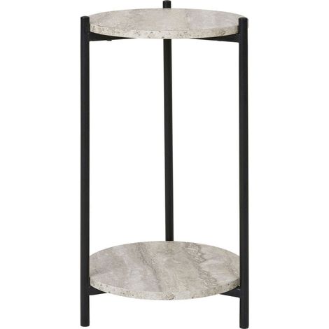 Sellette 2 plateaux en MDF imitation travertin piètement en métal noir - SELYN (1/5)