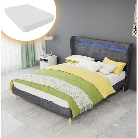 Cama tapizada moderna 140x200 cm en gris con cabecero ajustable y LED integrado, estructura de metal