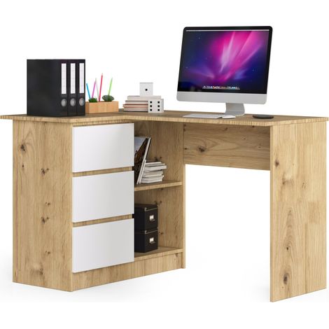 Escritorio esquinero AKORD B16 Roble Artisan 124 cm con lado izquierdo 3 cajones frente en color Blanco 2 estantes 124x85x77 cm