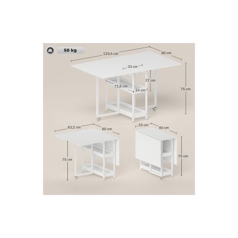 Table à manger pliante blanche pour 2 à 4 personnes avec 2 étagères ouvertes et roulettes, pour petite cuisine et salle à manger (1/5)