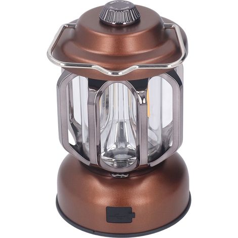 Lanterne de camping rétro, lampe de camping vintage rechargeable USB-C, 3 modes d'intensité, avec crochet, étanche, LED, marron. (1/5)