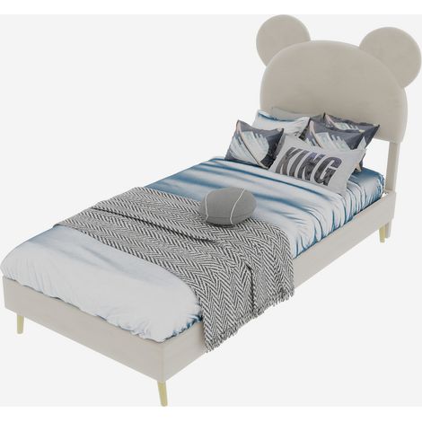 Kinderbett 90x200 cm aus Stoff und Metall, Einzelbett mit gepolstertem Kopfteil und Stauraum mit Gasdruckfeder, ohne Matratze (1/5)