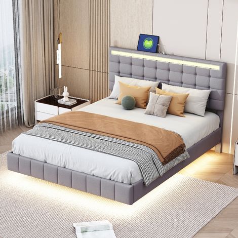Polsterbett 140x200 cm Schwebebett mit LED-Beleuchtung und Kopfteil, modernes Doppelbett Gästebett aus hautfreundlichem Leinenstoff, Grau (1/5)