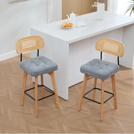 2er-Set Barhocker 360° drehbar mit Rattan-Rückenlehne und Chenille-Polsterung Grau OKWISH (1/5)