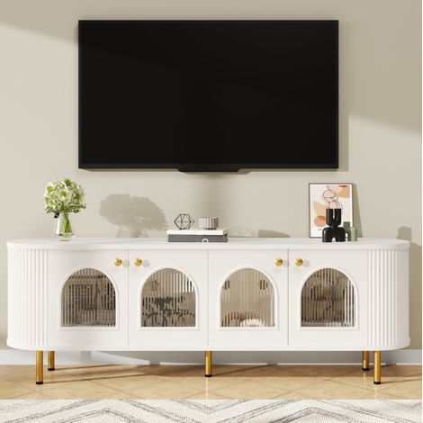 Mueble TV blanco con puertas de cristal y patas doradas OKMYHOME (1/5)