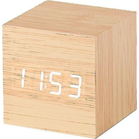 Horloge en bois, horloge électronique créative, horloge numérique carrée, mini réveil, thermomètre, horloge de chevet (heure, date, température) (1/5)