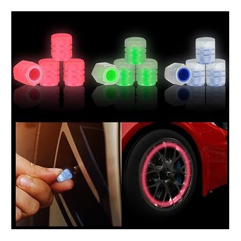 12 Pieces Car Tire Valve Caps, Universal Tire Valve Stem Caps, Fluorescent Valve Cap, Luminous Tire Valve Stem Cover for Cars, SUVs, Bikes, Motorcycles (1/5)