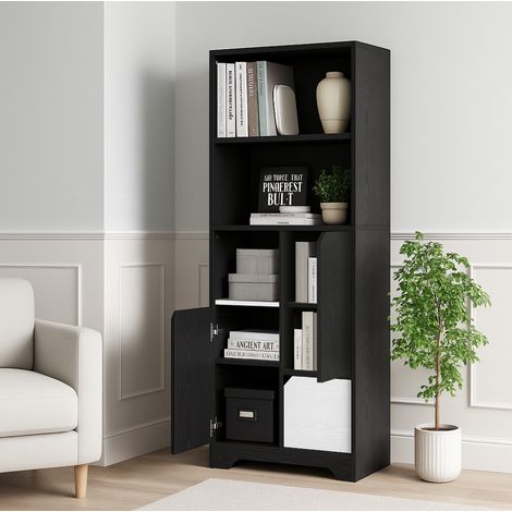 Bibliothèque de rangement en panneaux de particules noir 60x35x160 cm avec 2 niches ouvertes et placard bas (1/5)