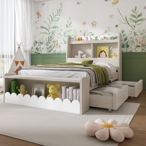 Lit enfant 90x200 cm en bois avec rangements, tiroirs, étagères et banquette coffre, cadre avec sommier à lattes inclus, blanc et chêne, sans matelas (1/5)